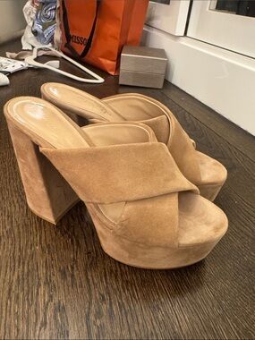 Gianvito Rossi Suede Cross-Band Platform Mules in Tan
